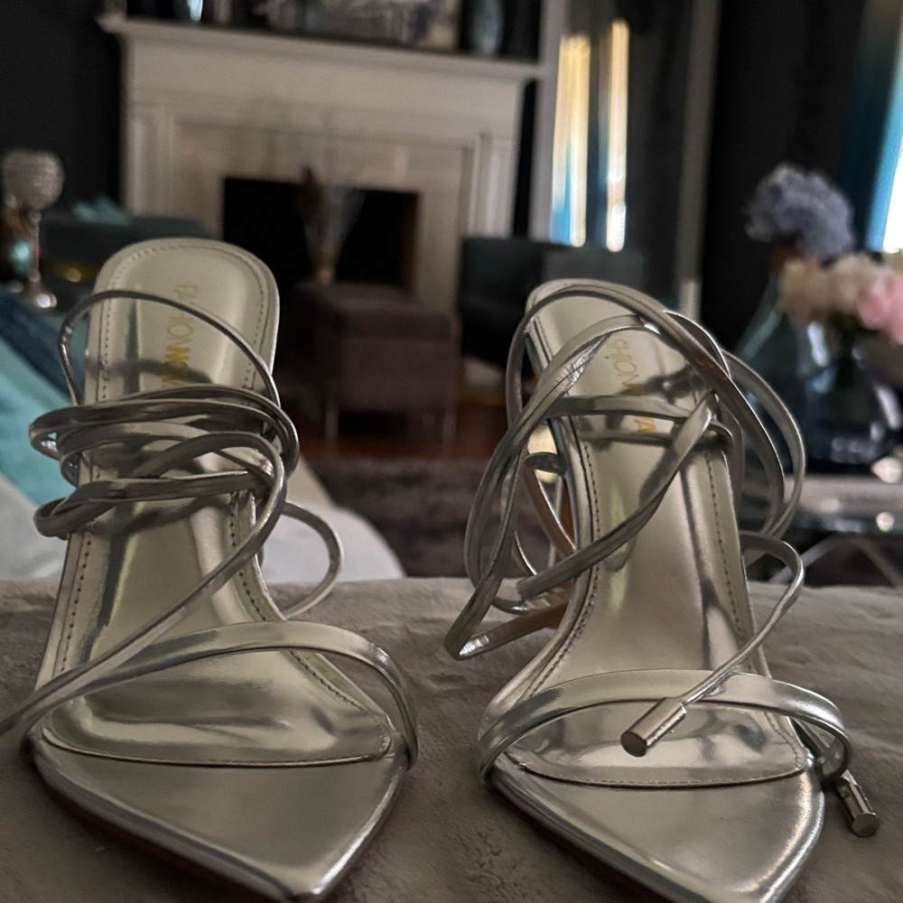 Fashion Nova Silver Strappy Pointed-Toe Heeled Sandals